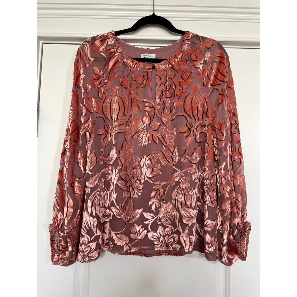 Sundance Women's Velvet Burnout Peasant Blouse Small-PET Silk Blend Lined Pink